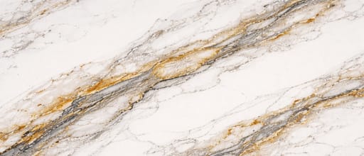 Close-up Cambria quartz countertop surface pattern with white background, gray veining, and warm gold accents in a polished engineered stone finish.
