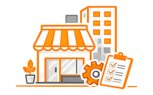 Orange commercial building and storefront icon representing commercial property and mixed-use space remodeling services.