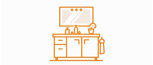 Cosmetic bathroom update icon showing a modern vanity cabinet with mirror, faucet, and accessories in orange line-style design representing bathroom remodeling services.
