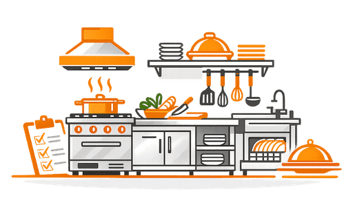 Orange commercial kitchen icon showing stove, prep counter, range hood, and serving station representing food service and catering facility remodeling.