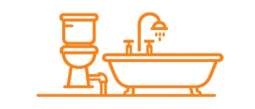 Orange line icon showing a toilet and bathtub symbolizing full bathroom gut renovation service, clean minimal vector style.