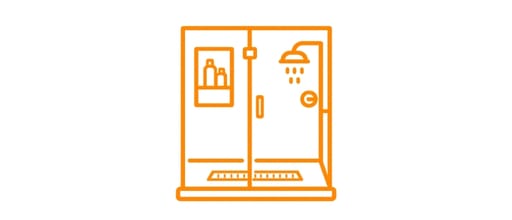 Orange line icon of a frameless walk-in shower with glass panel and showerhead, representing walk-in shower conversion service.