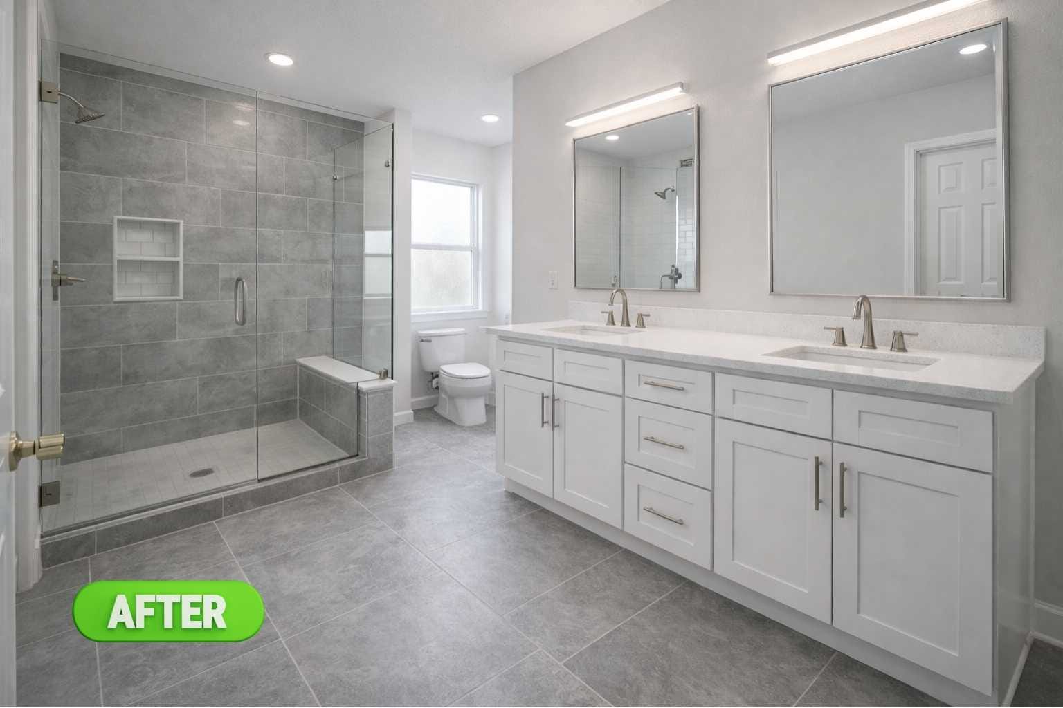 Renovated master bathroom with walk-in shower double
vanity and quartz countertop completed by Spring
Kitchen Pros in Gleannloch Farms Spring TXvanity before bathroom remodel by Spring Kitchen
Pros in Gleannloch Farms Spring TX
