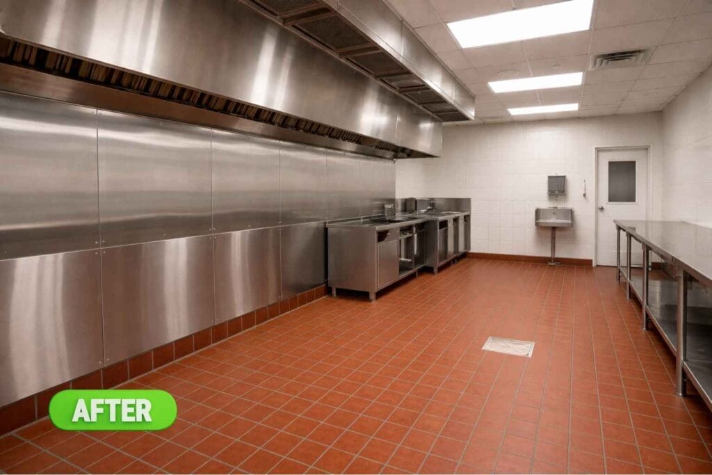 Fully renovated commercial kitchen in Springwoods Village, Spring Texas featuring stainless steel wall cladding, new slip-resistant quarry tile floor, compliant hand wash station, and clean professional cooking line ready for inspection.