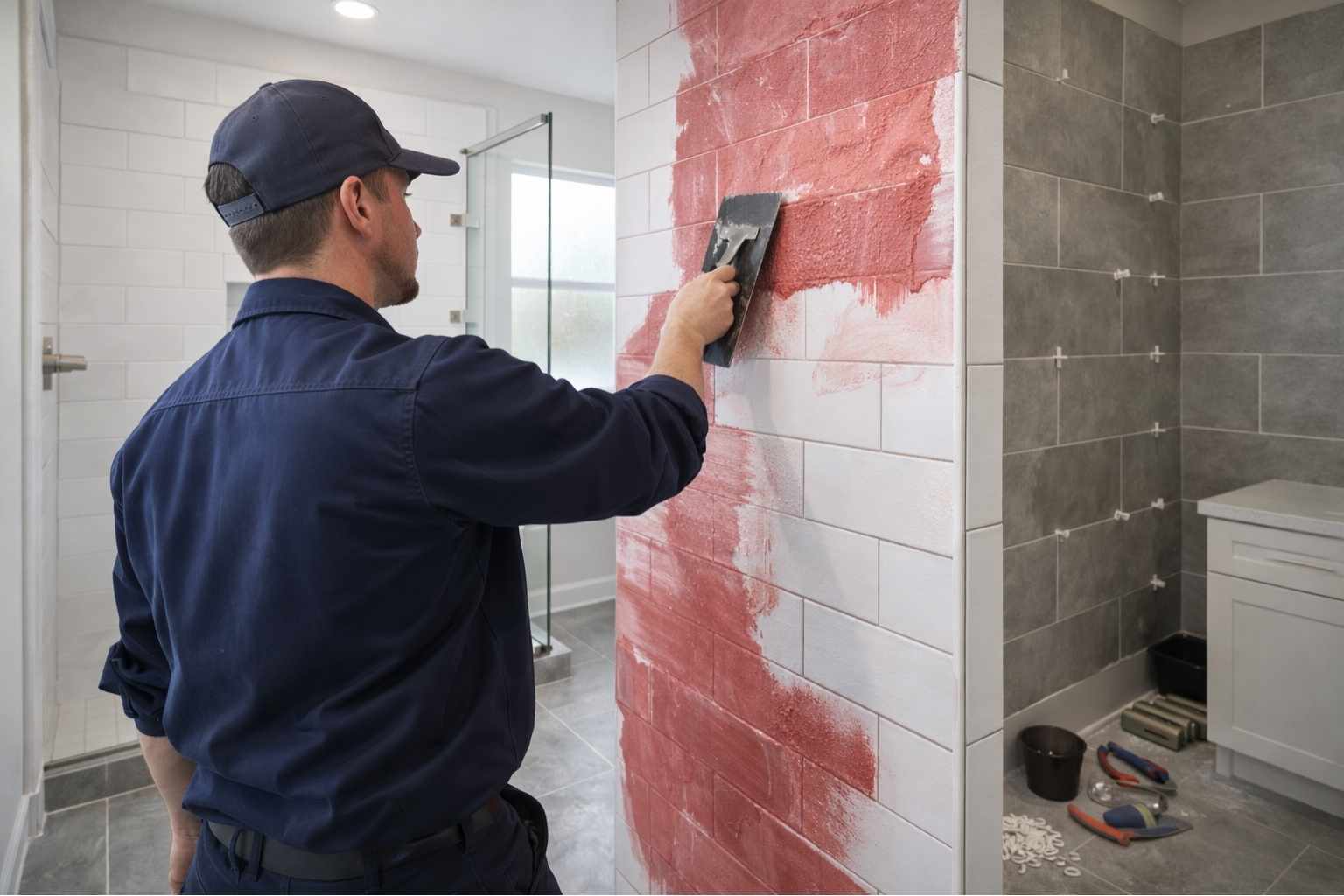 Bathroom remodeling worker applying waterproofing membrane to shower wall during tile installation in a modern Spring TX bathroom renovation.