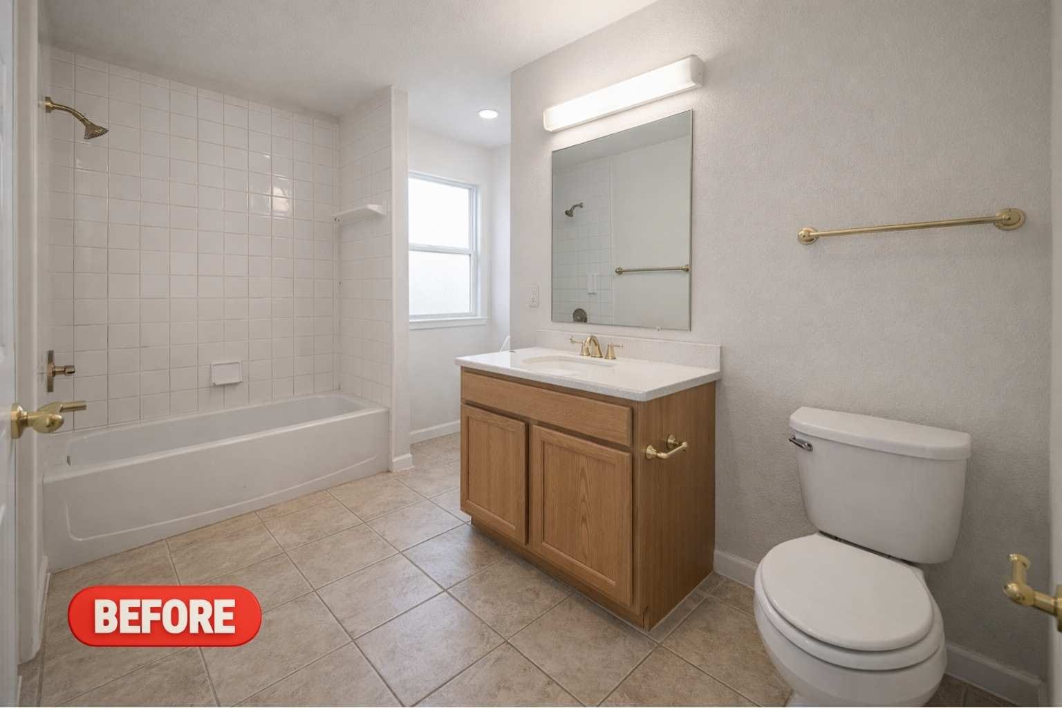 Outdated builder grade tub shower combo and single
vanity before bathroom remodel by Spring Kitchen
Pros in Gleannloch Farms Spring TX