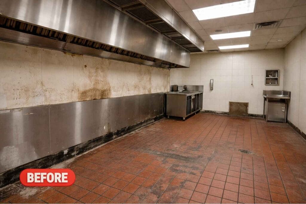 Outdated commercial kitchen in Spring, Texas with grease-stained painted walls, cracked quarry tile flooring, damaged ceiling tiles, and improperly positioned hand wash station awaiting renovation.
