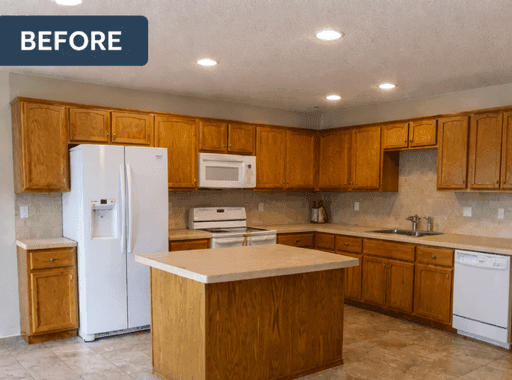 Old kitchen with oak cabinets, dated tile floor
