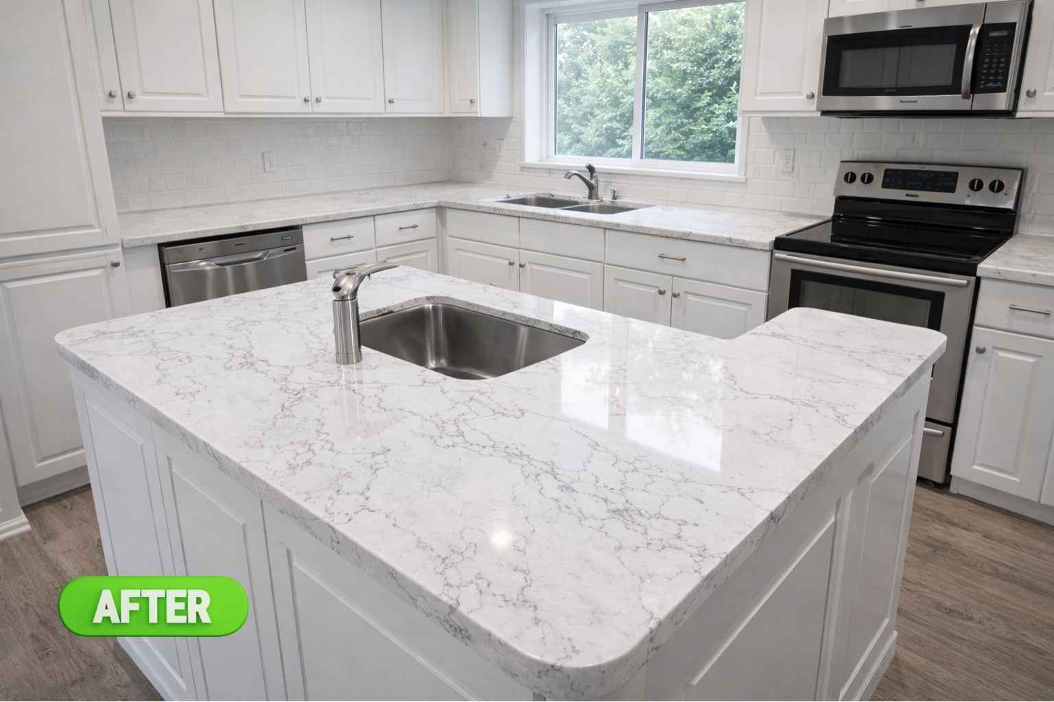 New seamless Cambria quartz countertop installed by
Spring Kitchen Pros in Cypresswood Spring TX kitchen
with undermount sink and island slab