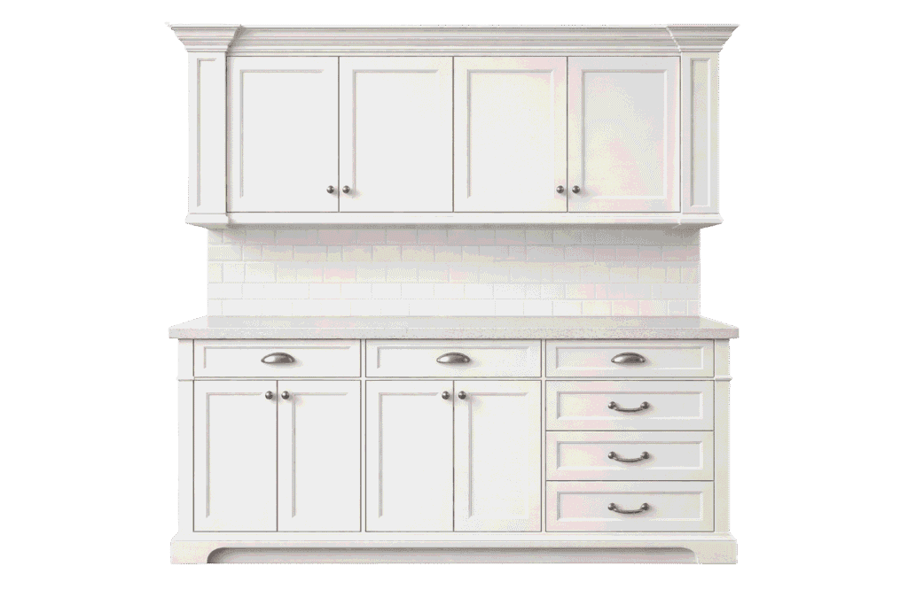 Realistic white shaker kitchen cabinet set with crown molding, quartz countertop, subway tile backsplash, and modern brushed nickel hardware in a clean studio setting.