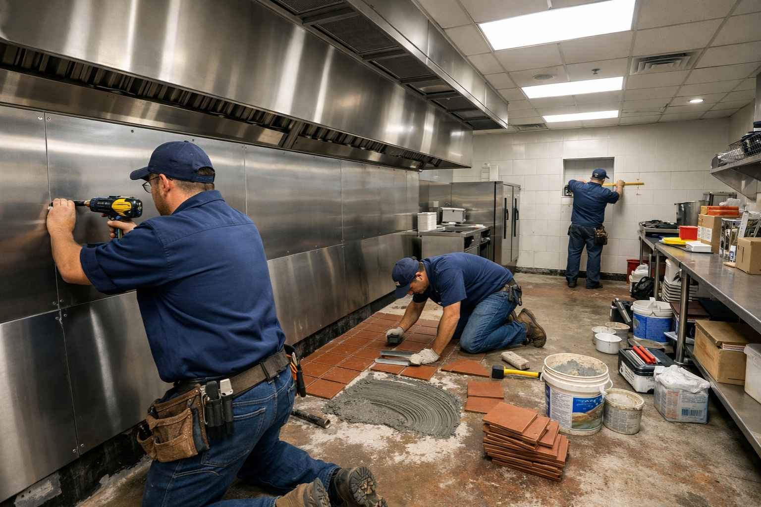 Three commercial kitchen renovation workers in navy blue uniforms installing stainless steel wall panels, laying quarry floor tiles, and measuring a hand-wash station area under a large ventilation hood in a brightly lit restaurant kitchen.