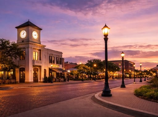 Areas We Serve 3 Downtown Conroe, Texas at sunset featuring historic clock tower building, brick streets, glowing street lamps, and vibrant evening sky.