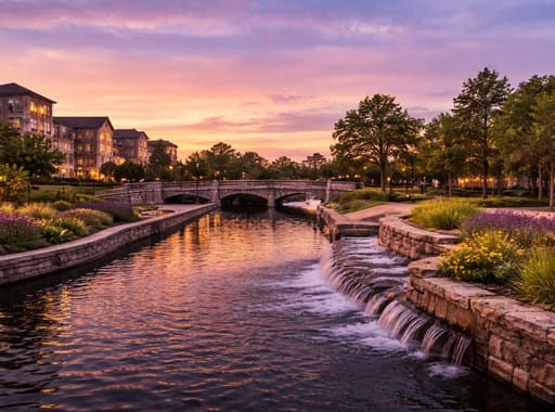 Areas We Serve 4 Scenic sunset view of Cypress, Texas featuring landscaped canal, stone bridge, waterfall, modern homes, and colorful evening sky.
