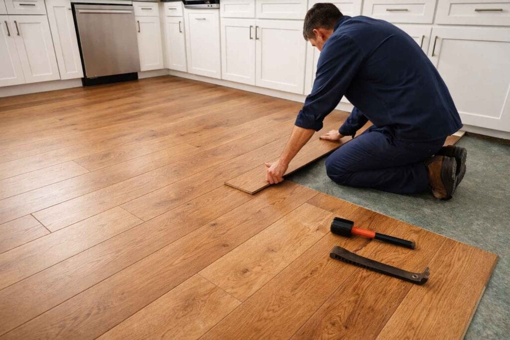 Professional installer laying warm oak luxury vinyl plank flooring near white shaker cabinets during kitchen renovation, tools and underlayment visible.