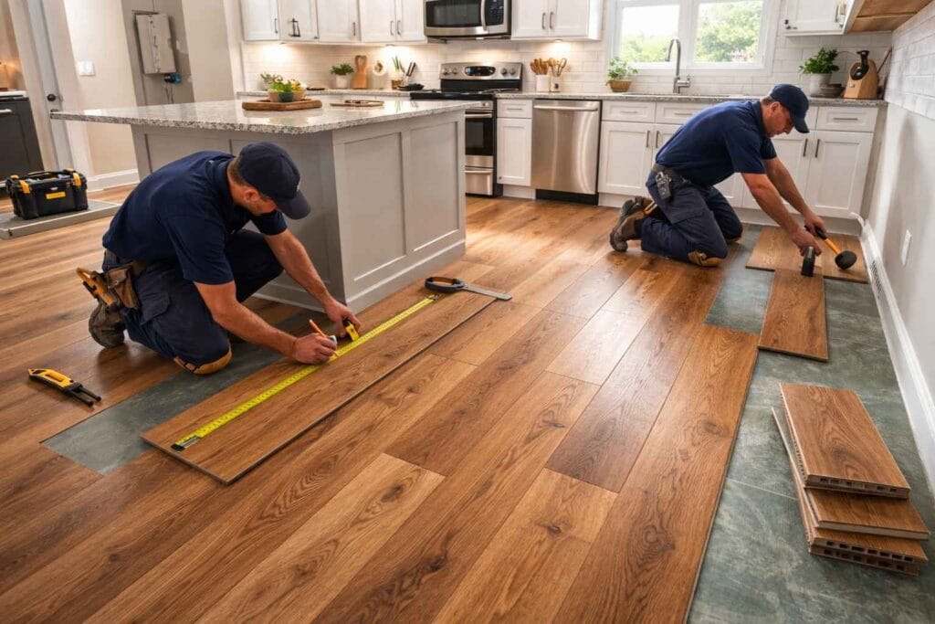 Two professional installers measuring and installing warm oak luxury vinyl plank flooring in a modern kitchen with white shaker cabinets and stainless steel appliances.