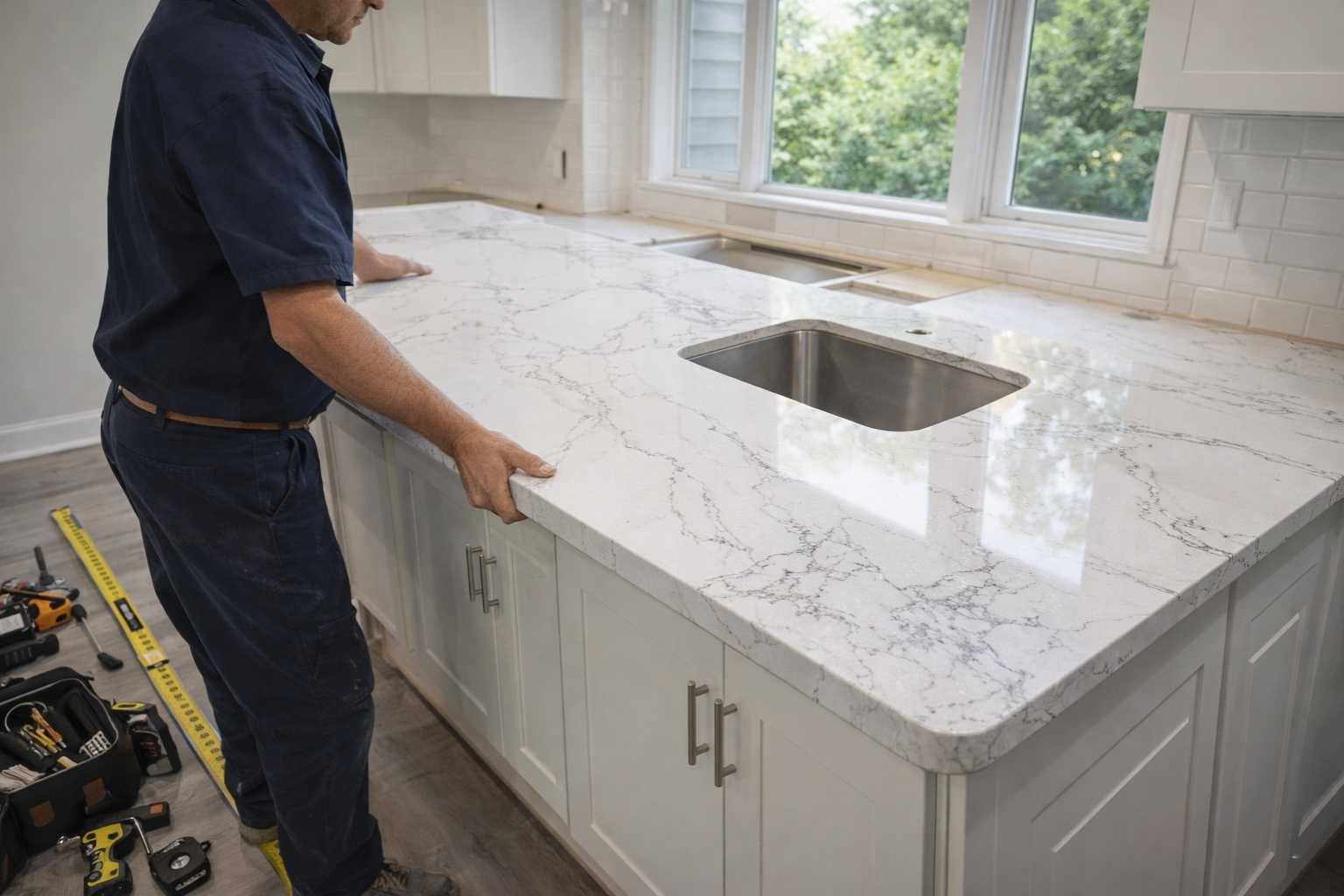 Kitchen Remodeling in Cypress, TX 3 Professional installer placing white quartz countertop with gray veining onto white shaker cabinets during kitchen renovation, undermount sink cutout visible.