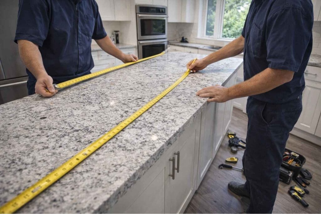 Spring Kitchen Pros team measuring granite countertop
during professional countertop installation in
Spring TX kitchen