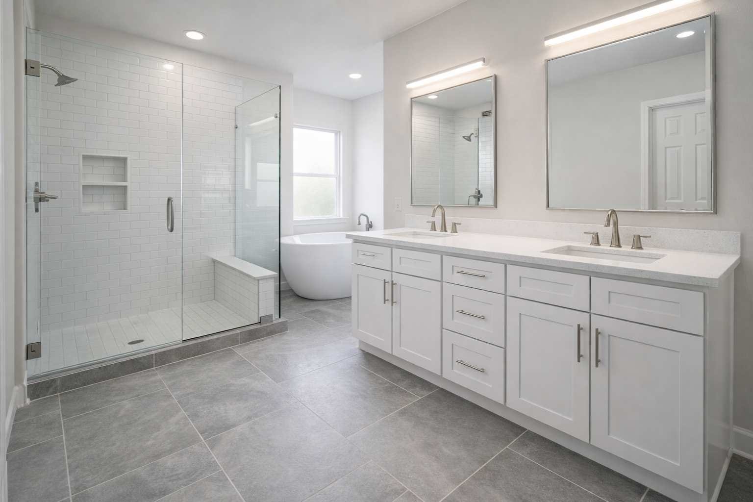 Modern master bathroom in Spring, Texas featuring a frameless glass walk-in shower with white subway tile, gray porcelain floor tiles, double white shaker vanity with quartz countertop, LED-lit mirrors, and a freestanding soaking tub near a frosted window.
