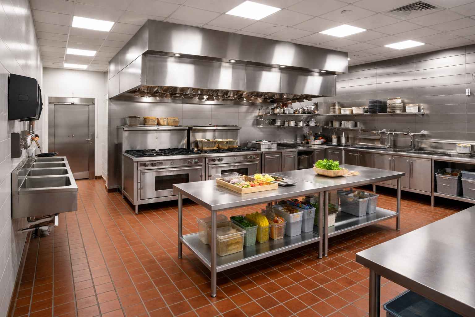 Finished commercial kitchen remodel by Spring Kitchen
Pros showing stainless steel wall cladding quarry
tile flooring and commercial prep area in Spring TX