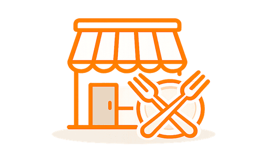 Orange line-style restaurant and cafe icon featuring storefront awning with fork and knife symbol, representing commercial kitchen remodeling for restaurants and cafes.
