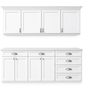 Semi-custom white shaker kitchen cabinets with upper and lower storage, brushed nickel cup pulls, quartz countertop, and clean modern design isolated on transparent background