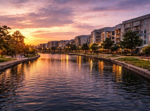 Areas We Serve 1 Scenic sunset view of Spring, Texas canal with modern residential buildings, landscaped walkways, and warm evening reflections on the water.