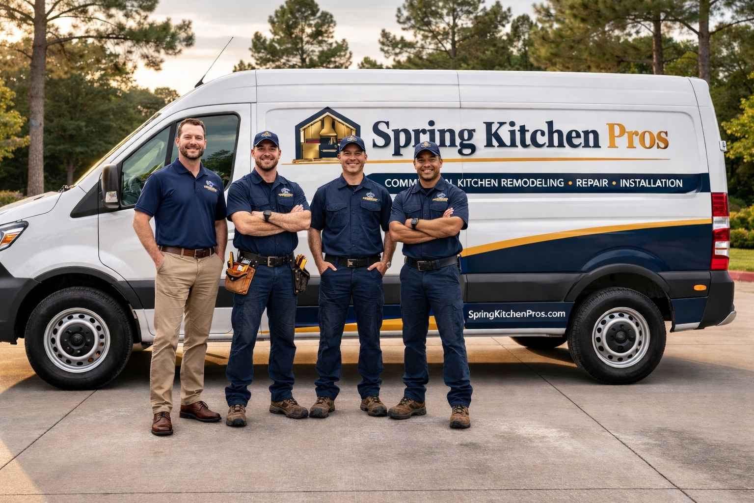 Four Spring Kitchen Pros team members standing in front of a branded white work van in Spring, Texas, featuring the official navy and gold company logo, with tall pine trees in the background and natural outdoor lighting.