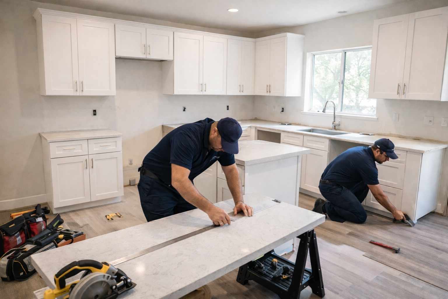 Spring Kitchen Pros team installing kitchen flooring and countertops during a complete kitchen remodel in Spring TX