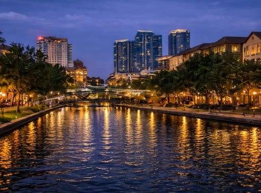 Areas We Serve 2 Evening waterfront view of The Woodlands, Texas with illuminated pedestrian bridge, canal reflections, modern buildings, and landscaped walkways at sunset.
