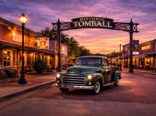 Areas We Serve 5 Historic downtown Tomball, Texas at sunset featuring vintage truck, illuminated Tomball archway, brick streets, and warm evening storefront lights.