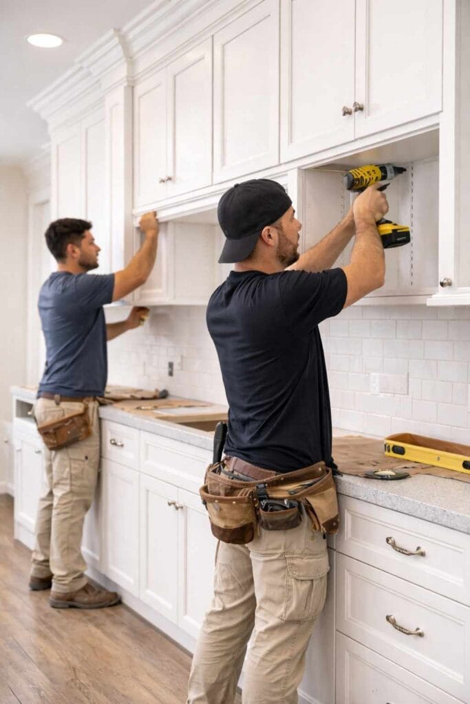 Two professional contractors installing white shaker kitchen cabinets using power tools inside a modern residential kitchen during renovation