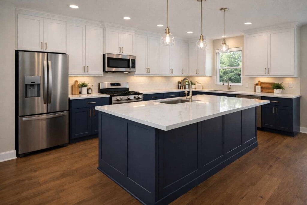 Kitchen Remodeling in Cypress, TX 1 Two tone kitchen cabinets with navy lower and white upper cabinets installed by Spring Kitchen Pros in Spring TX