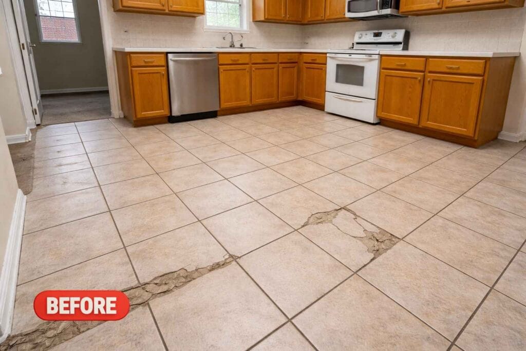 Cracked damaged ceramic tile kitchen floor before
replacement by Spring Kitchen Pros in Champions
Forest Spring TX