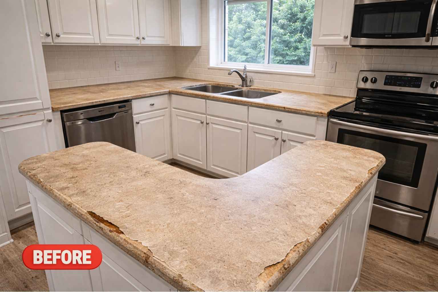 Peeling damaged laminate countertop with water damage
near sink before replacement by Spring Kitchen Pros
in Cypresswood Spring TX