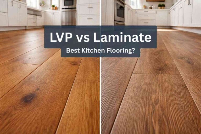 Side by side comparison of LVP vs laminate flooring in a modern kitchen in Spring TX