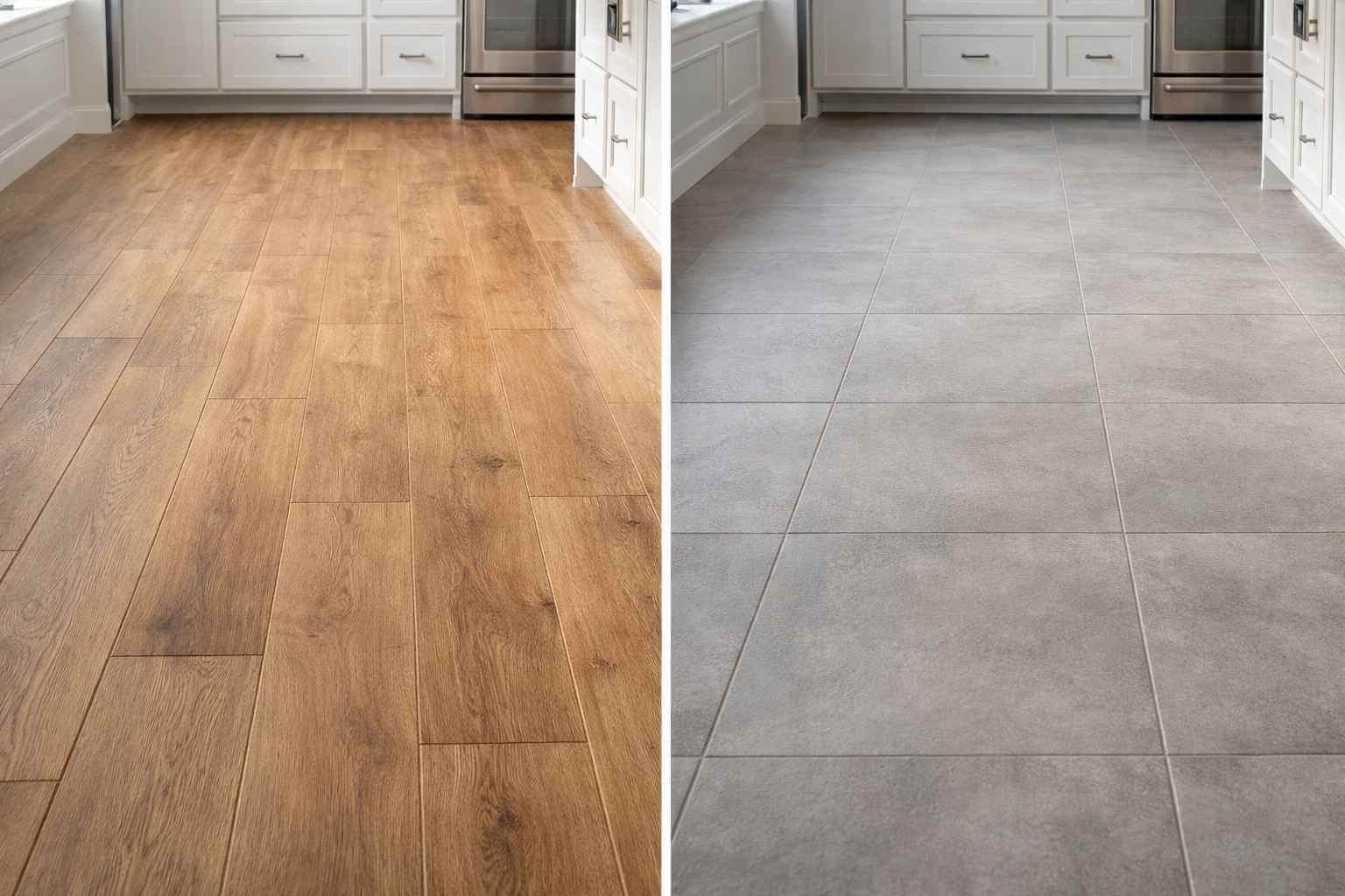 LVP vs tile kitchen flooring comparison for Spring TX homes by Spring Kitchen Pros