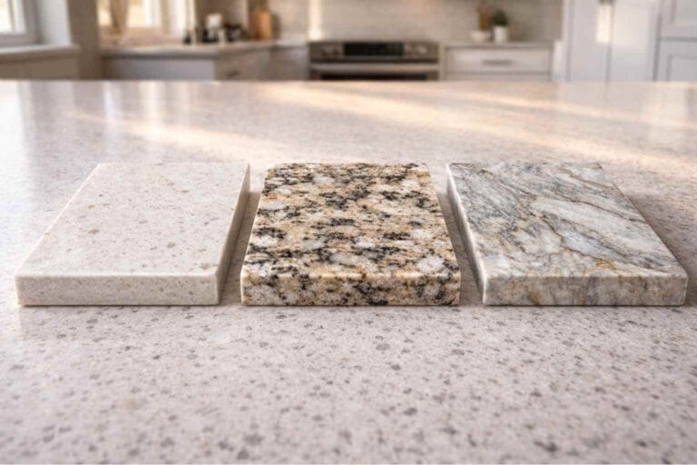 Side by side comparison of quartz, granite, and quartzite countertop samples for a kitchen remodel in Spring TX