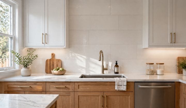 White quartz slab backsplash with soft gray veining and no grout lines in a modern kitchen.