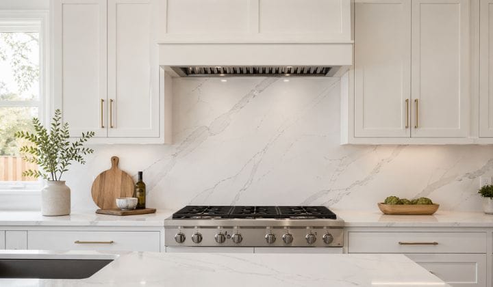 Large format white ceramic tile backsplash with minimal grout lines in a modern kitchen.