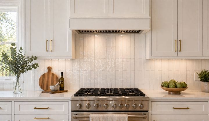 Vertical stacked white porcelain subway tile backsplash in a modern kitchen.