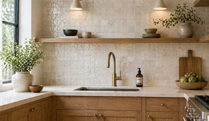 Handmade zellige tile backsplash with subtle texture and color variation in a kitchen.