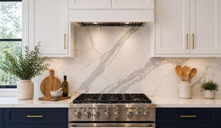 Porcelain slab backsplash with marble look veining in a modern kitchen.