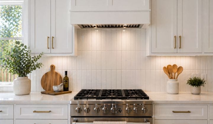 Glass mosaic tile backsplash reflecting natural light behind the sink in a kitchen.