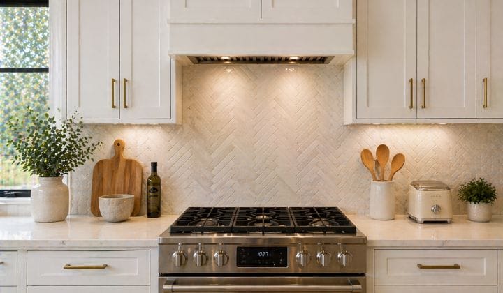 Herringbone tile backsplash in warm neutral tones in a modern kitchen.